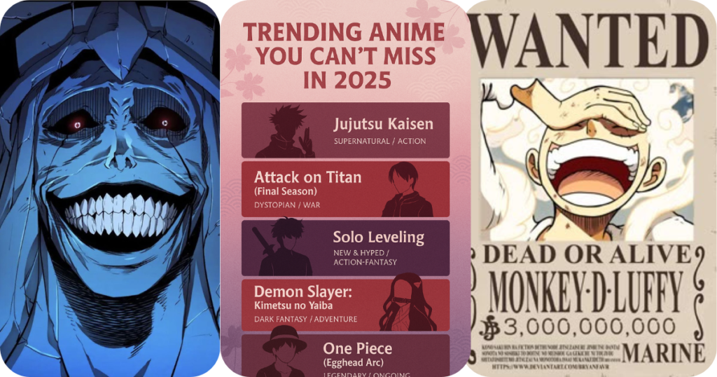 Jujutsu Kaisen,Solo Leveling ,Attack on Titan ,Demon Slayer: Kimetsu no Yaiba,One Piece (Egghead Arc)